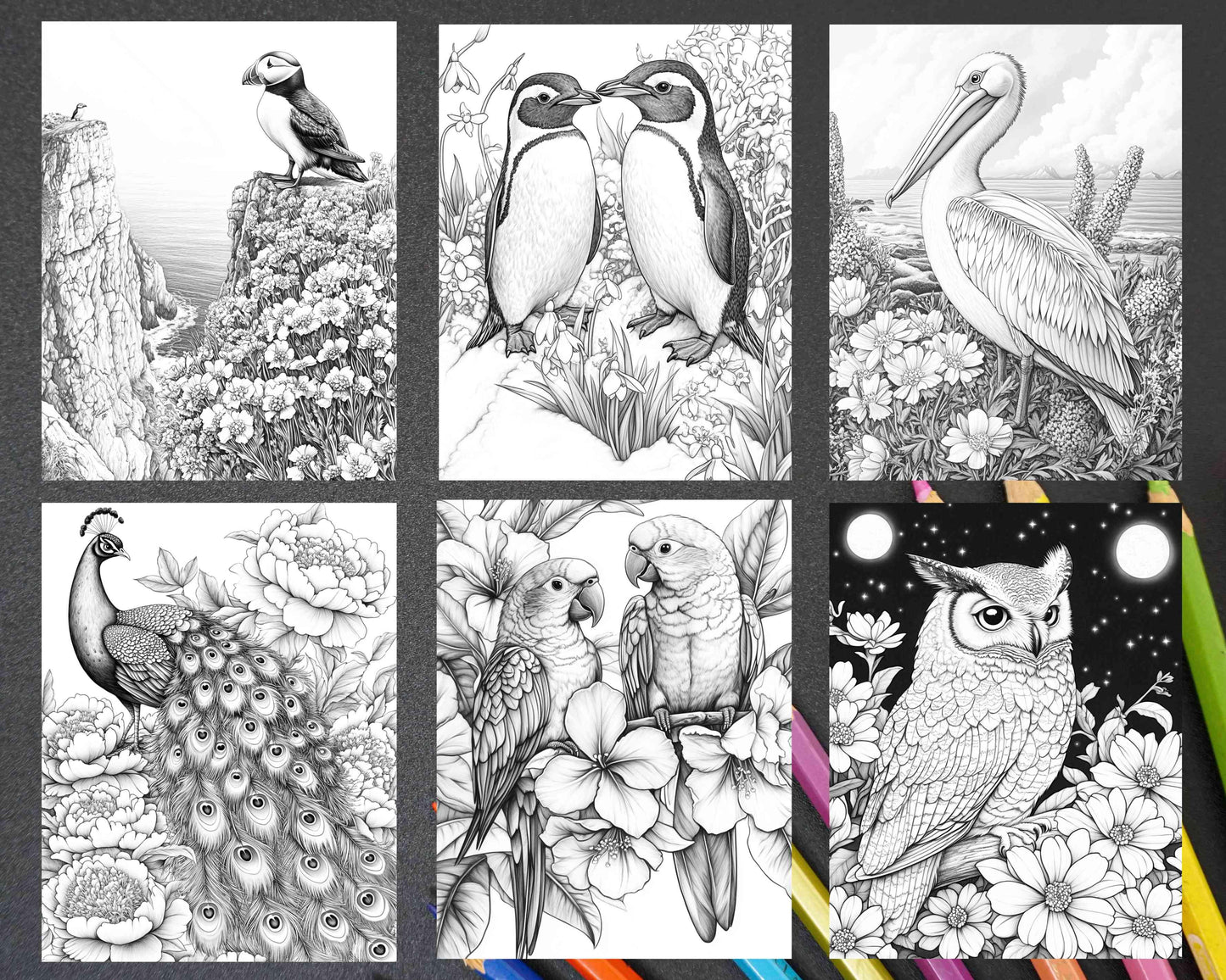Flowers and Birds Adult Coloring Pages Printable PDF Instant Download