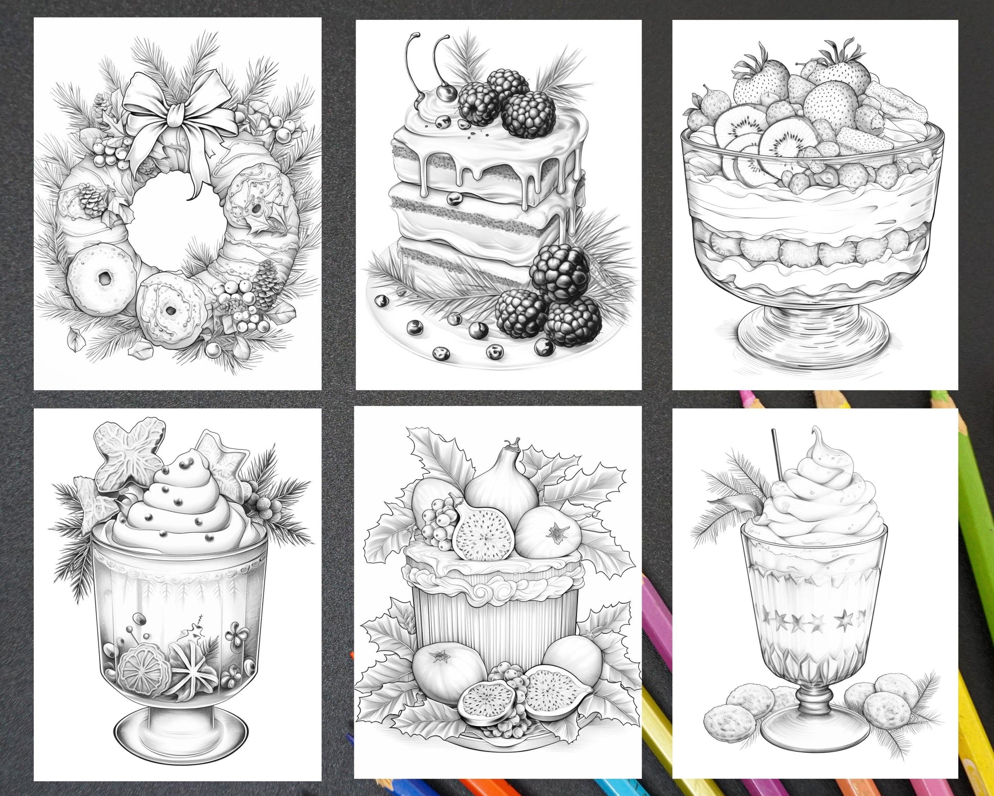 77 Christmas Desserts Grayscale Coloring Pages for Adults, Printable PDF Instant Download