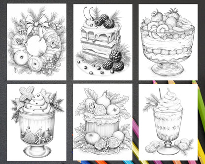 77 Christmas Desserts Grayscale Coloring Pages for Adults, Printable PDF Instant Download