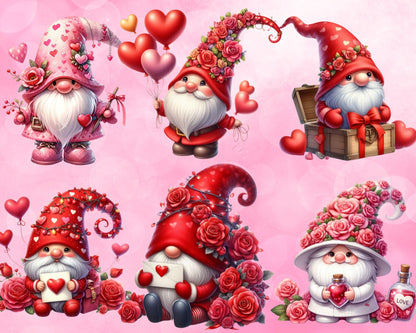 Adorable Valentine Gnomes Clip Art Bundle, 39 PNG High-Res Files for Commercial Use