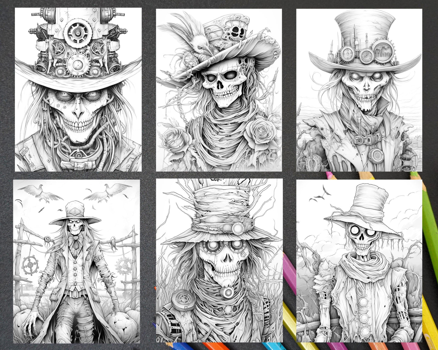 53 Scary Steampunk Scarecrows Grayscale Coloring Pages Printable for Adults, PDF File Instant Download