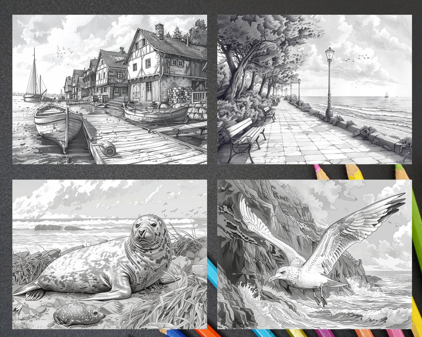 65 Coastal Landscapes Grayscale Adult Coloring Pages, Printable PDF Instant Download