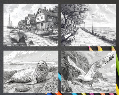 65 Coastal Landscapes Grayscale Adult Coloring Pages, Printable PDF Instant Download