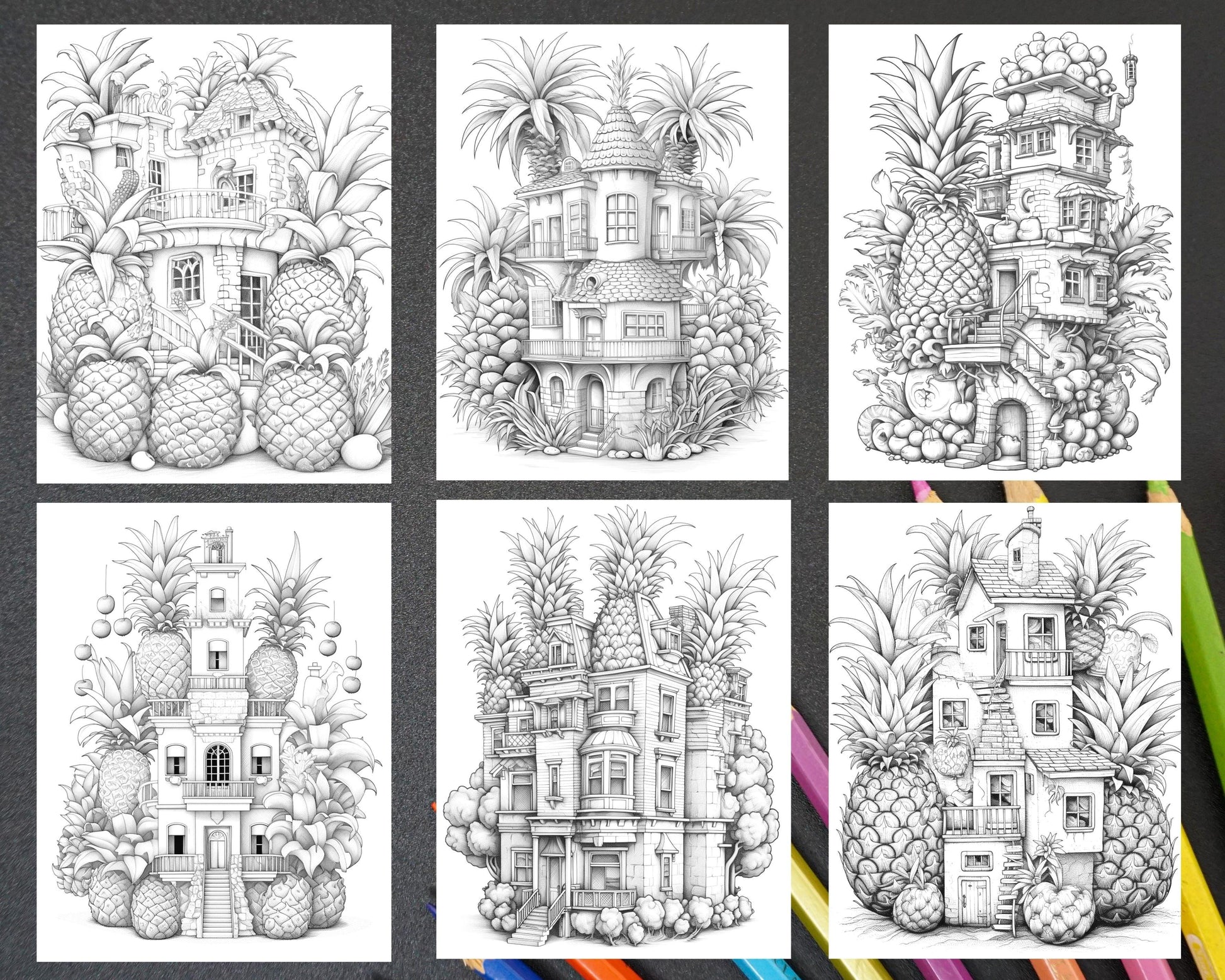 50 Pineapple Houses Grayscale Coloring Pages Printable for Adults, PDF File Instant Download