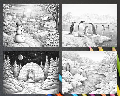60 Enchanting Winter Landscapes Grayscale Coloring Pages for Adults, Instant PDF Download