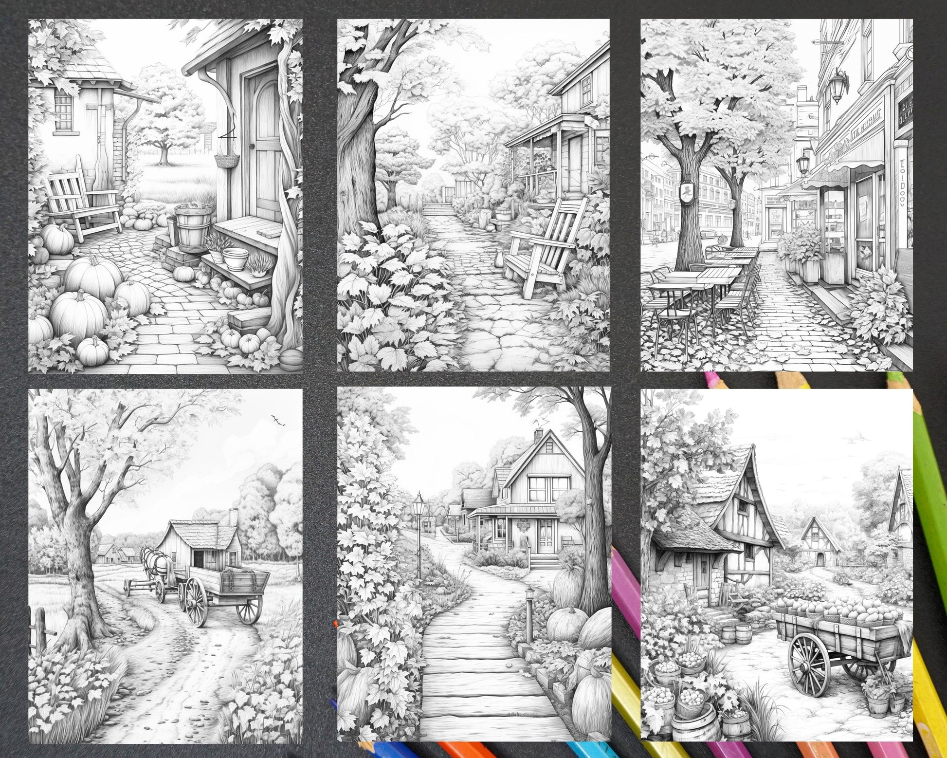 Autumn Scenery Grayscale Coloring Pages Printable for Adults, PDF File Instant Download