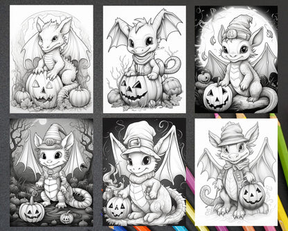 50 Cute Pumpkin Dragons Graycale Coloring Pages for Adults and Kids, Printable PDF File Instant Download