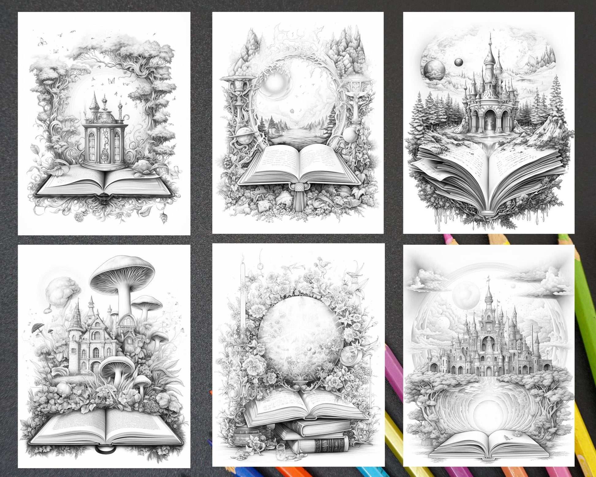 50 Magical Books Grayscale Coloring Pages Printable for Adults, PDF File Instant Download