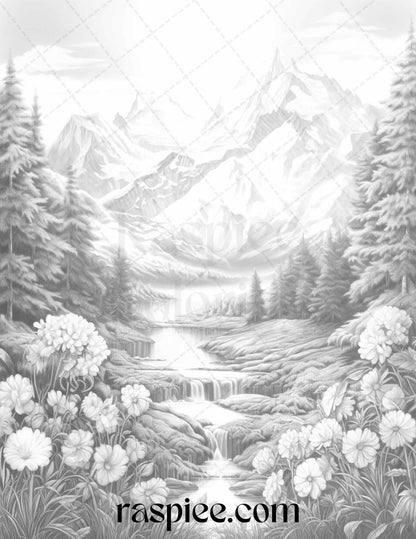 60 Mountain Flower Landscapes Grayscale Coloring Pages Printable for Adults, PDF File Instant Download