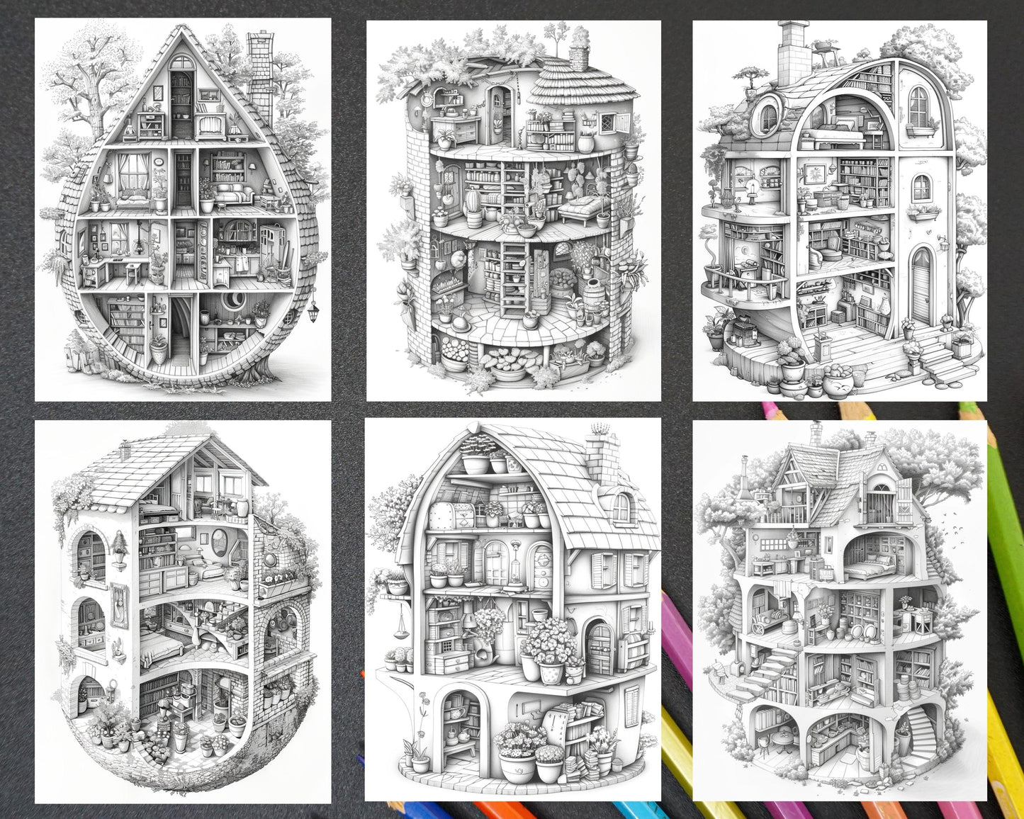 60 Isometric House Grayscale Adult Coloring Pages, Printable PDF Instant Download