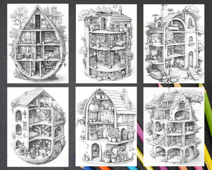 60 Isometric House Grayscale Adult Coloring Pages, Printable PDF Instant Download