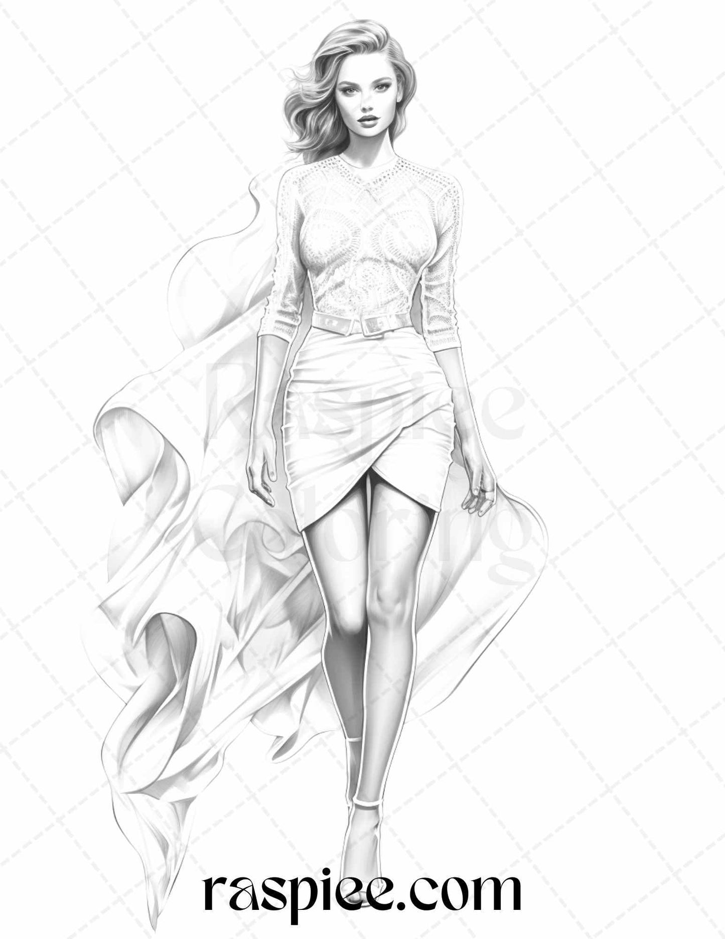 Fashion Show Grayscale Coloring Pages Printable for Adults, PDF File Instant Download