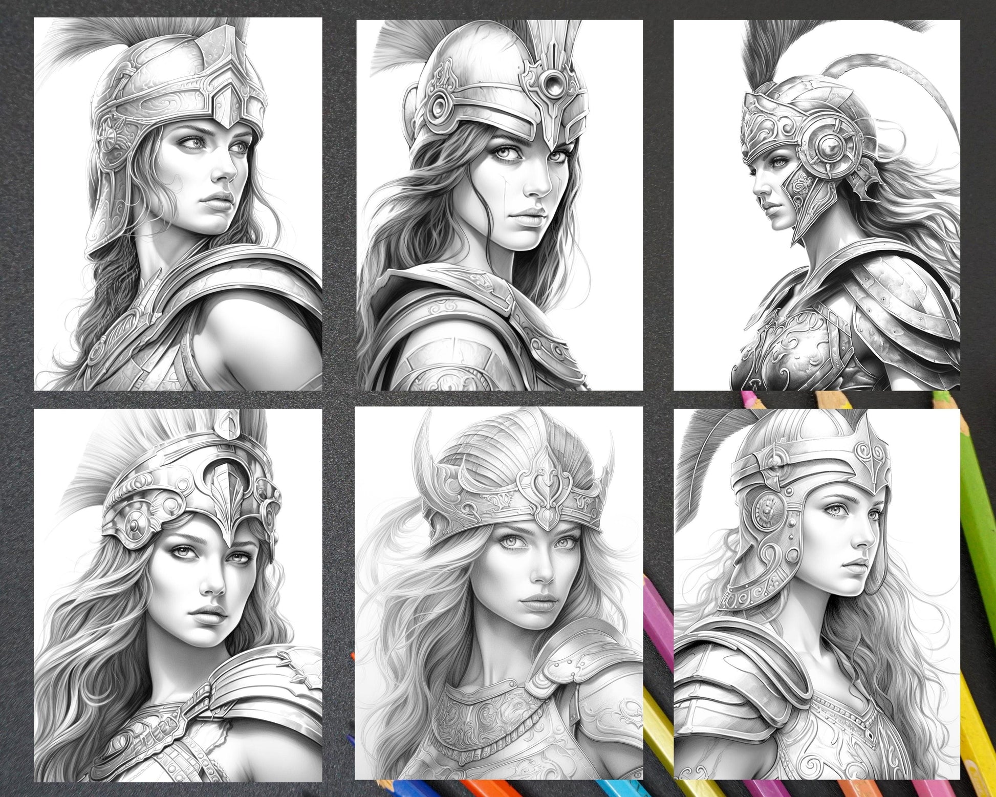 Greek Women Warriors Grayscale Coloring Pages for Adults, Printable PDF File Instant Download