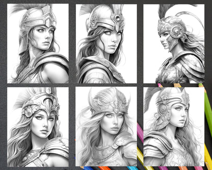 Greek Women Warriors Grayscale Coloring Pages for Adults, Printable PDF File Instant Download