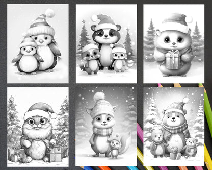 70 Christmas Critters Grayscale Coloring Pages Printable for Adults and Kids, PDF File Instant Download