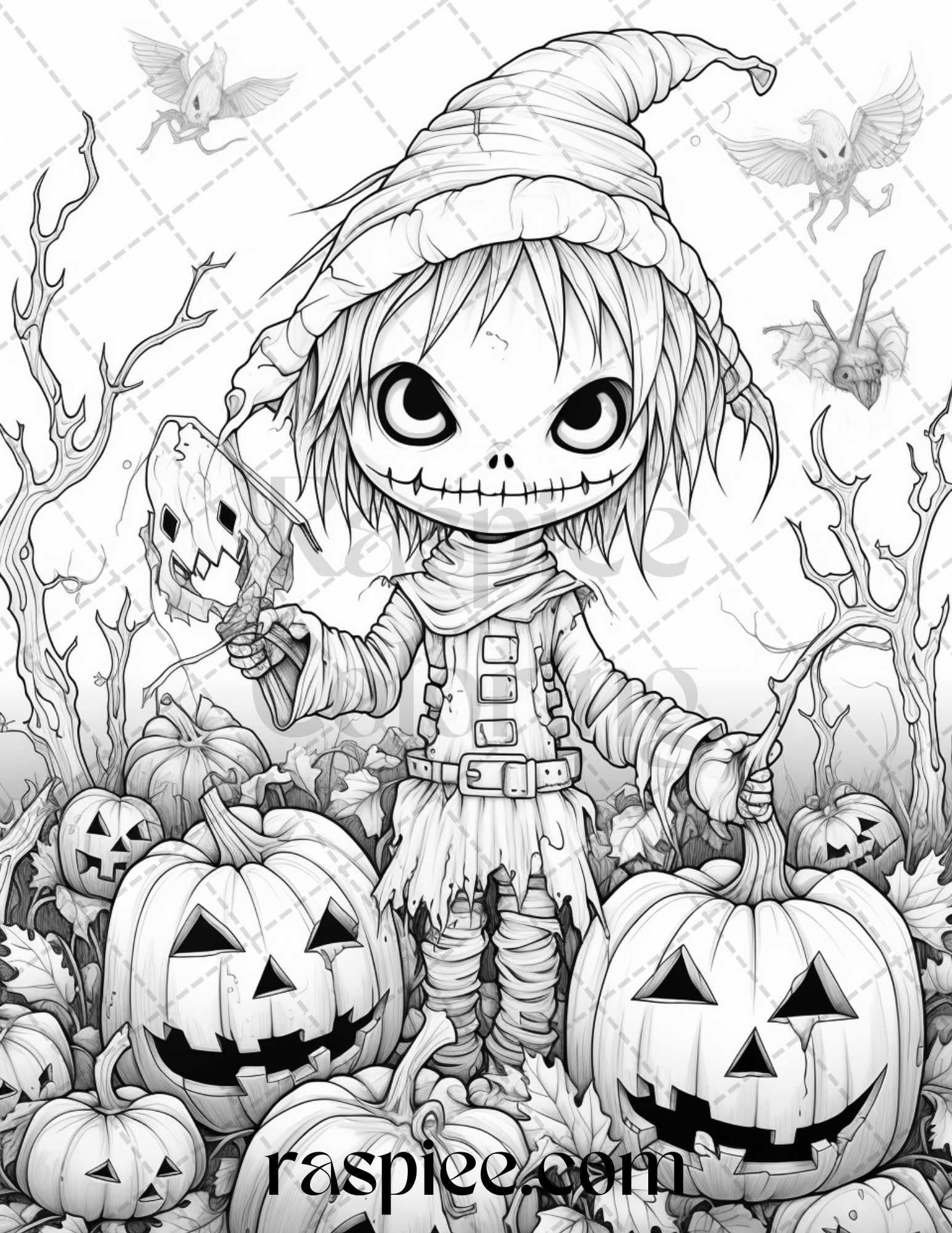 50 Halloween Scarecrows Grayscale Coloring Pages Printable for Adults, PDF File Instant Download