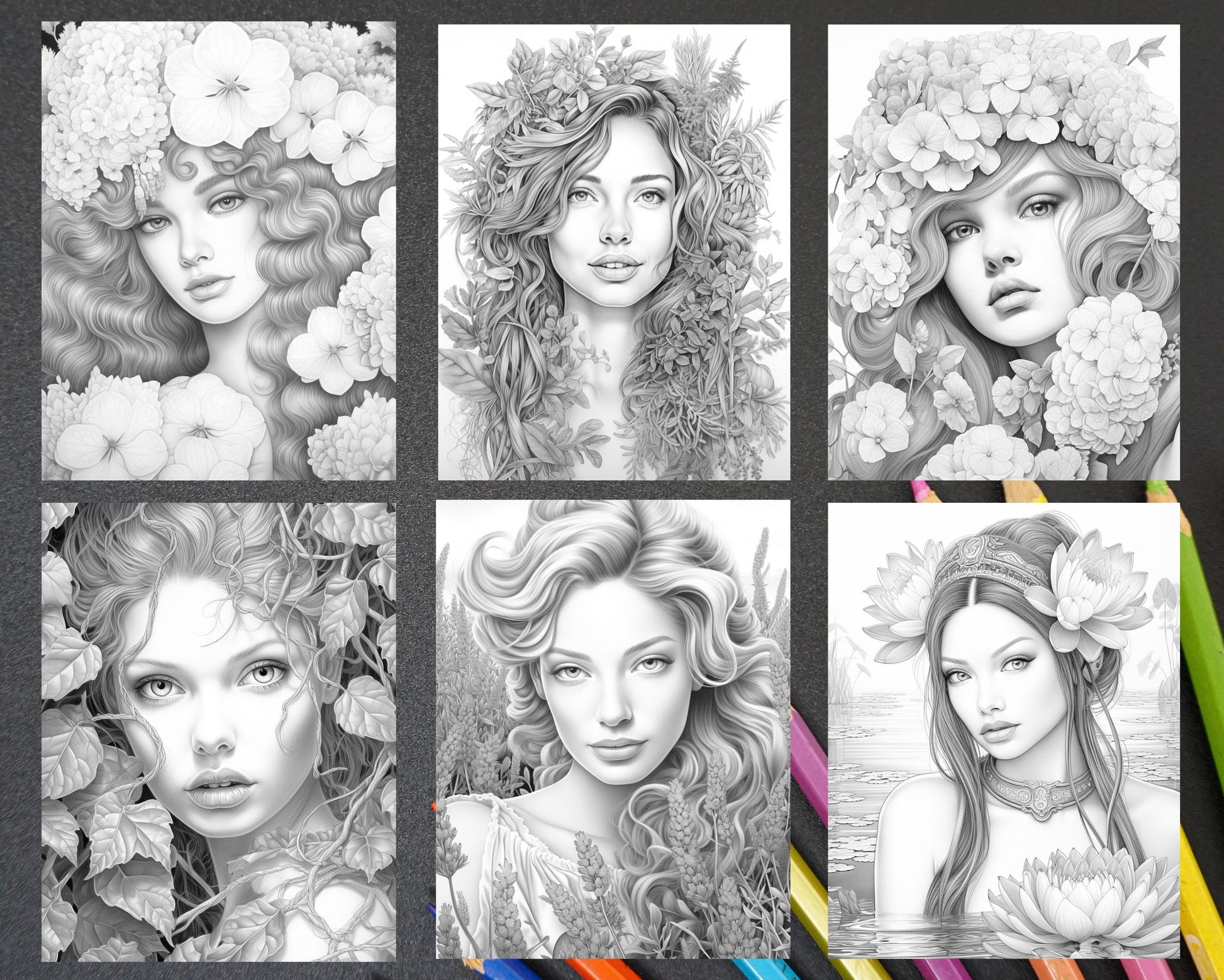 75 Flower Beauties Grayscale Adult Coloring Pages, Printable PDF Instant Download