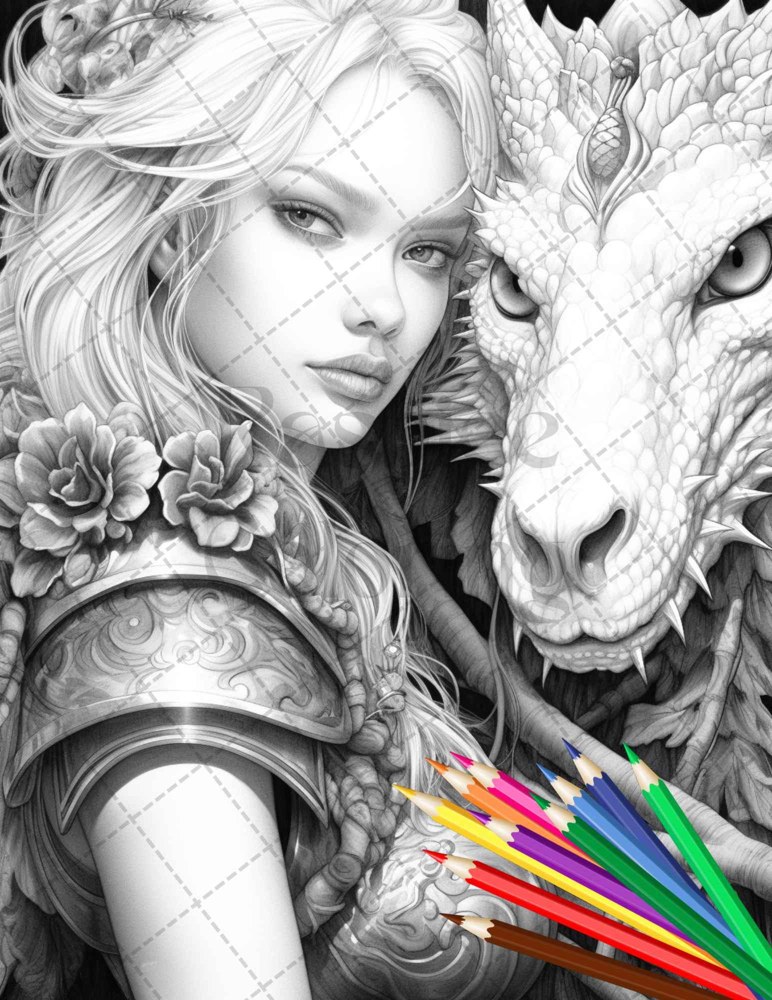 Enchanted Dragon Queens Grayscale Coloring Pages Printable for Adults, PDF File Instant Download