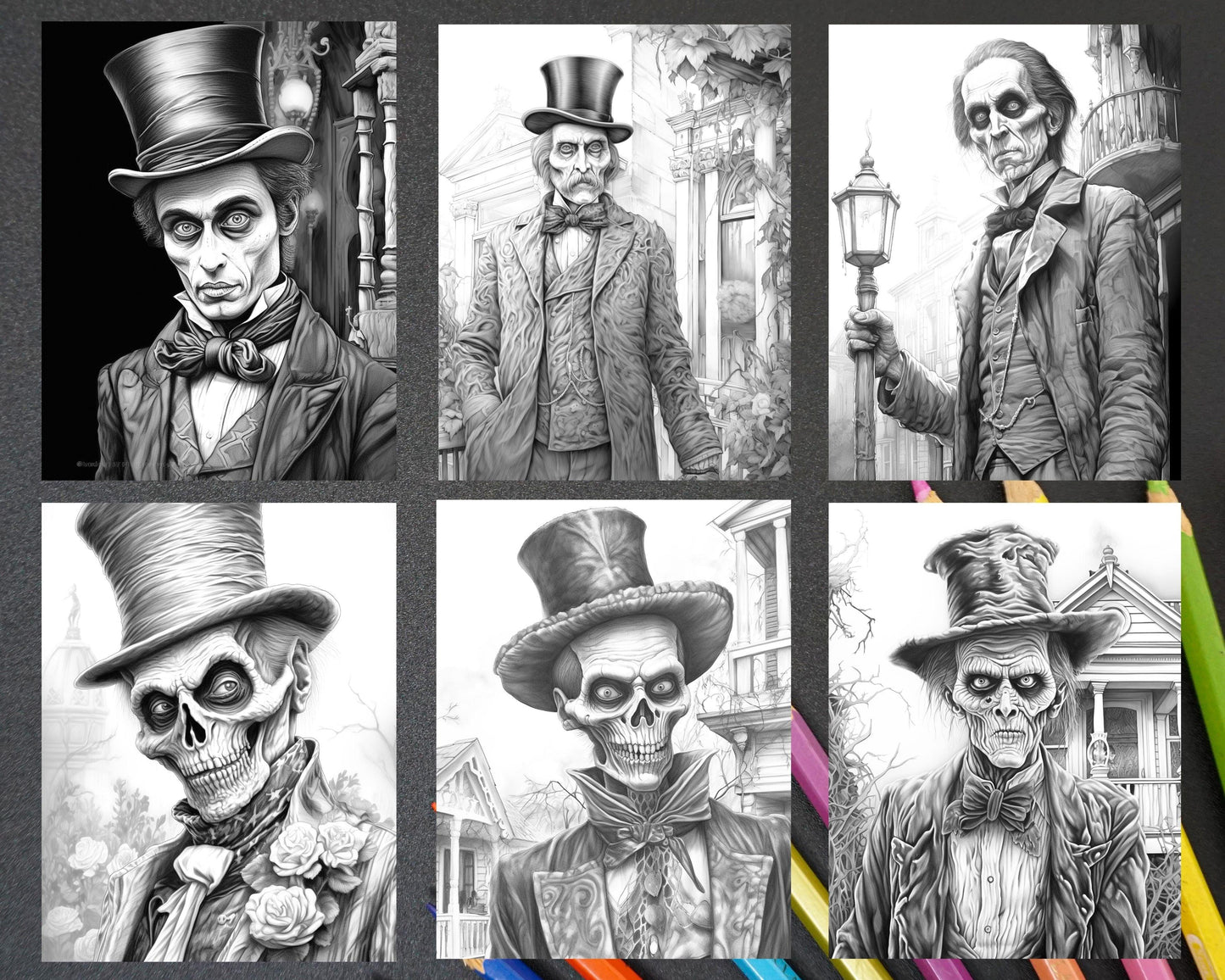 60 Halloween Victorian Era Grayscale Coloring Pages Printable for Adults, PDF File Instant Download