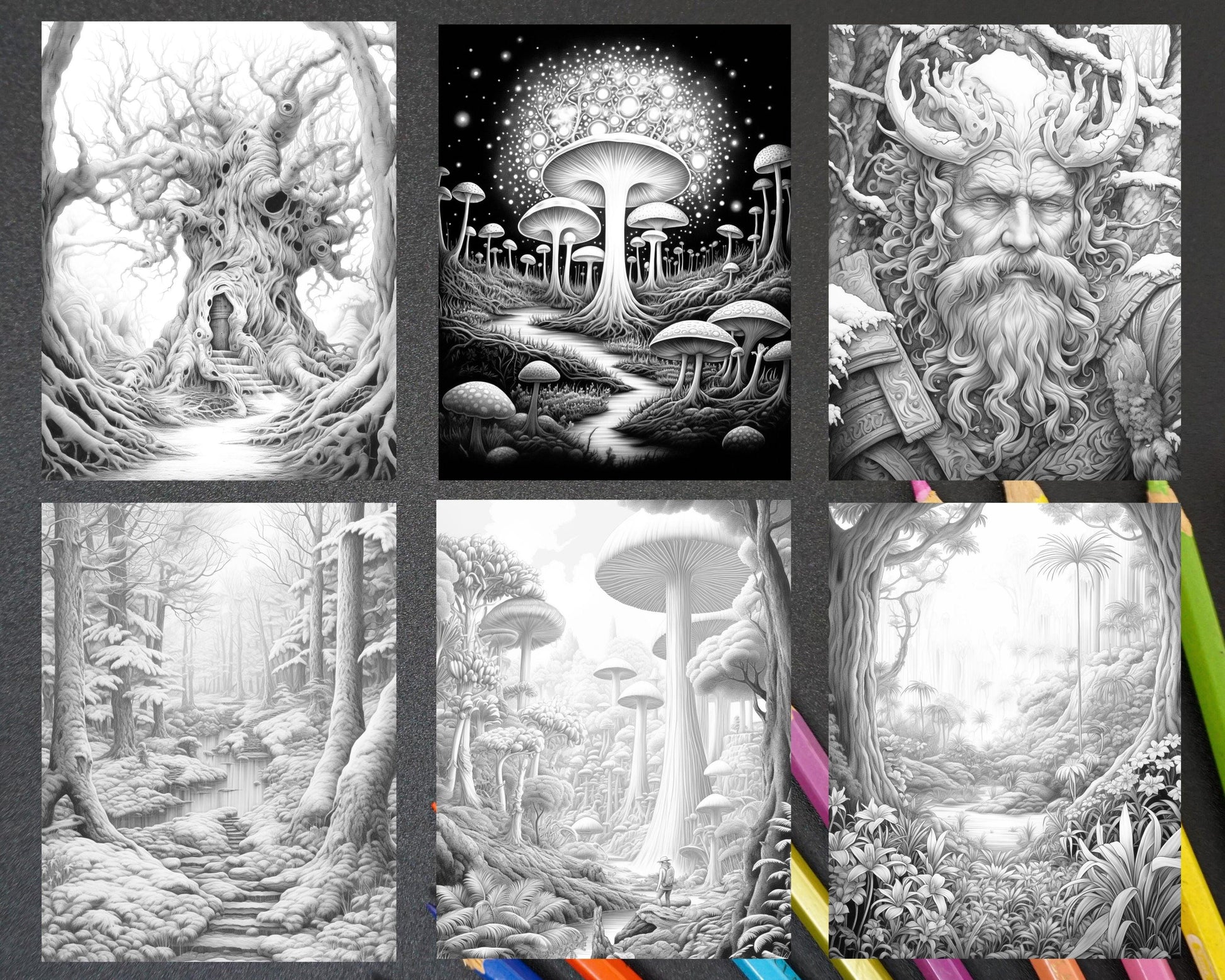 55 Mystical Forest Grayscale Adult Coloring Pages, Printable PDF Instant Download