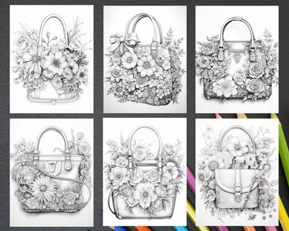 50 Floral Handbags Grayscale Coloring Pages for Adults, Printable PDF Instant Download