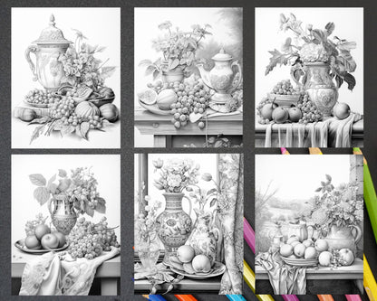 52 Still Life Grayscale Coloring Pages Printable for Adults, PDF File Instant Download