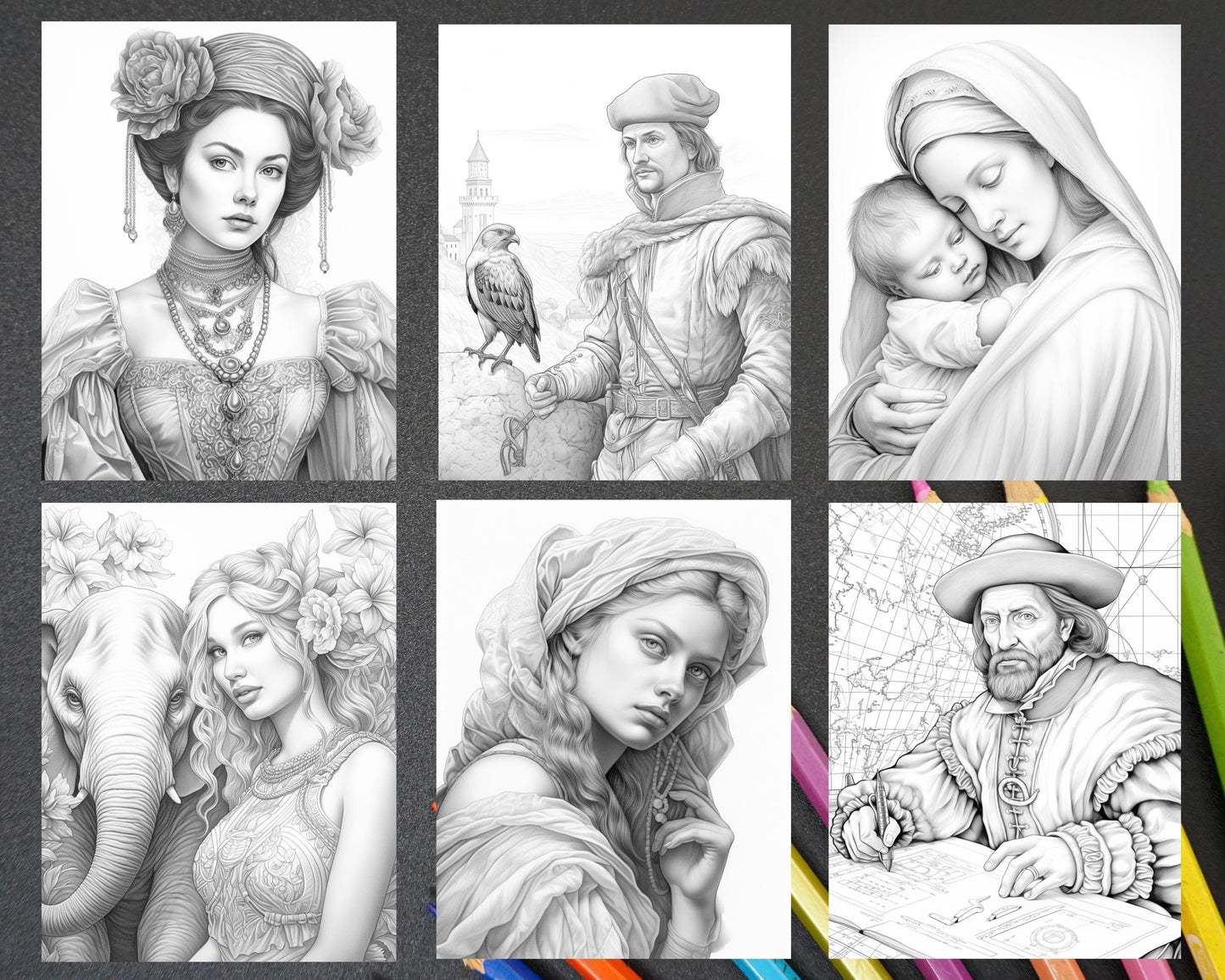 55 Renaissance Portraits Grayscale Adult Coloring Pages, Printable PDF Instant Download