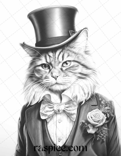 Gentleman Cat Grayscale Coloring Pages Printable for Adults Kids, PDF File Instant Download