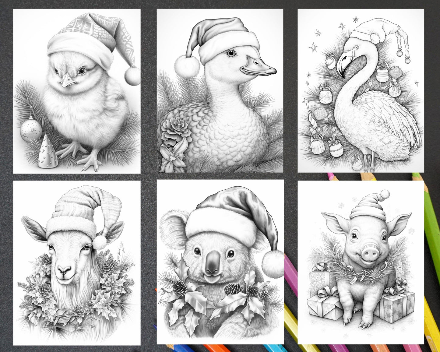 70 Christmas Animals Grayscale Coloring Pages Printable for Adults, PDF File Instant Download