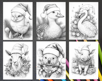 70 Christmas Animals Grayscale Coloring Pages Printable for Adults, PDF File Instant Download
