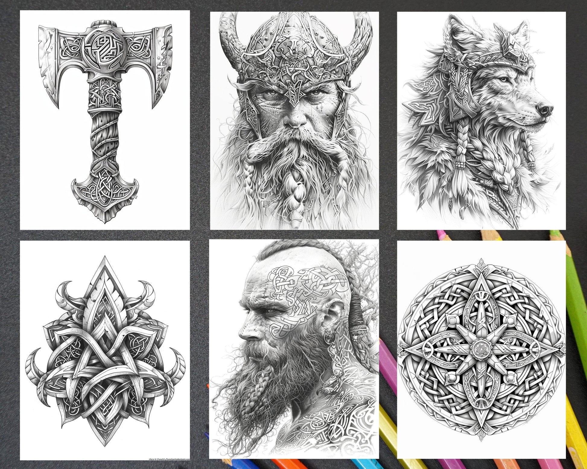 87 Viking Tattoos Grayscale Adult Coloring Pages Printable PDF Instant Download
