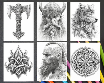 87 Viking Tattoos Grayscale Adult Coloring Pages Printable PDF Instant Download