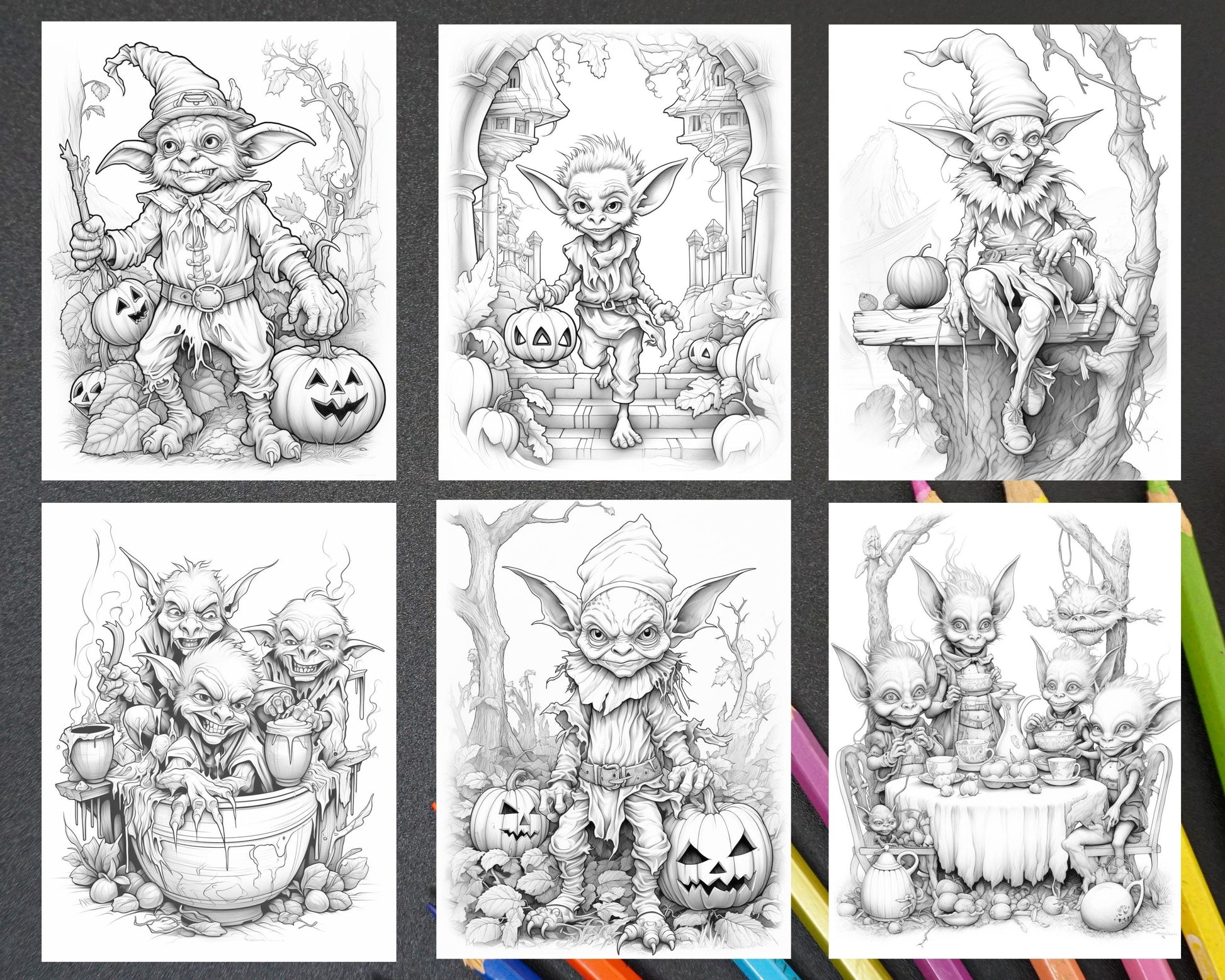50 Halloween Goblin Grayscale Coloring Pages Printable for Adults, PDF File Instant Download