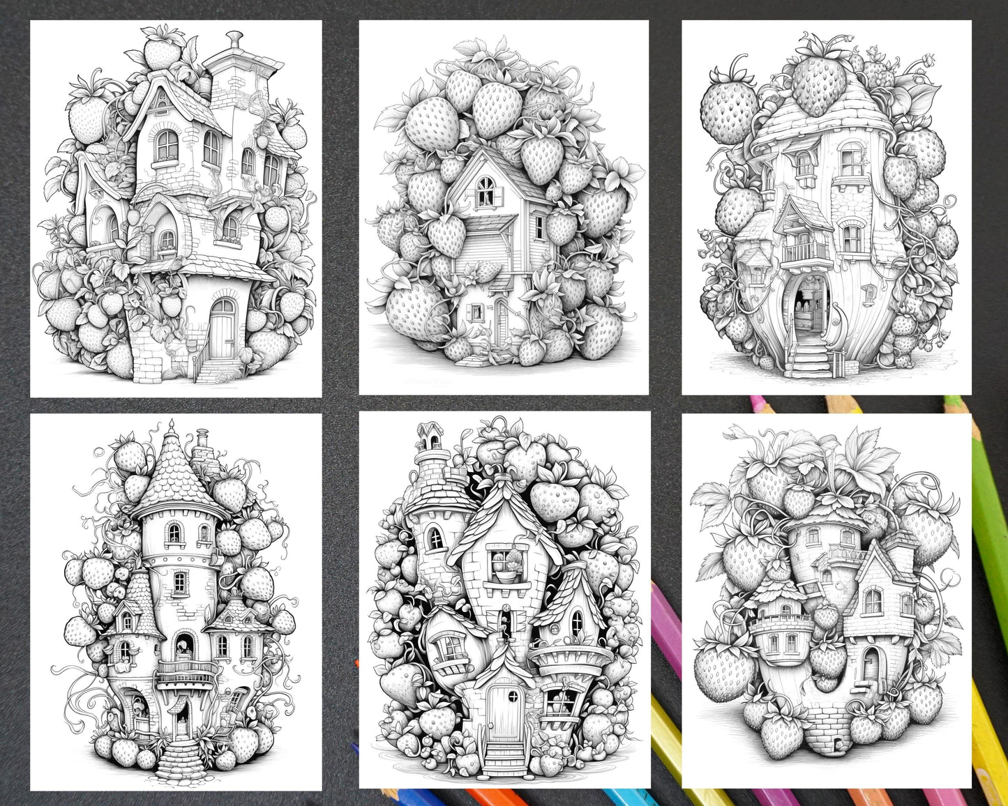 50 Strawberry Houses Grayscale Coloring Pages Printable for Adults Kids, PDF File Instant Download