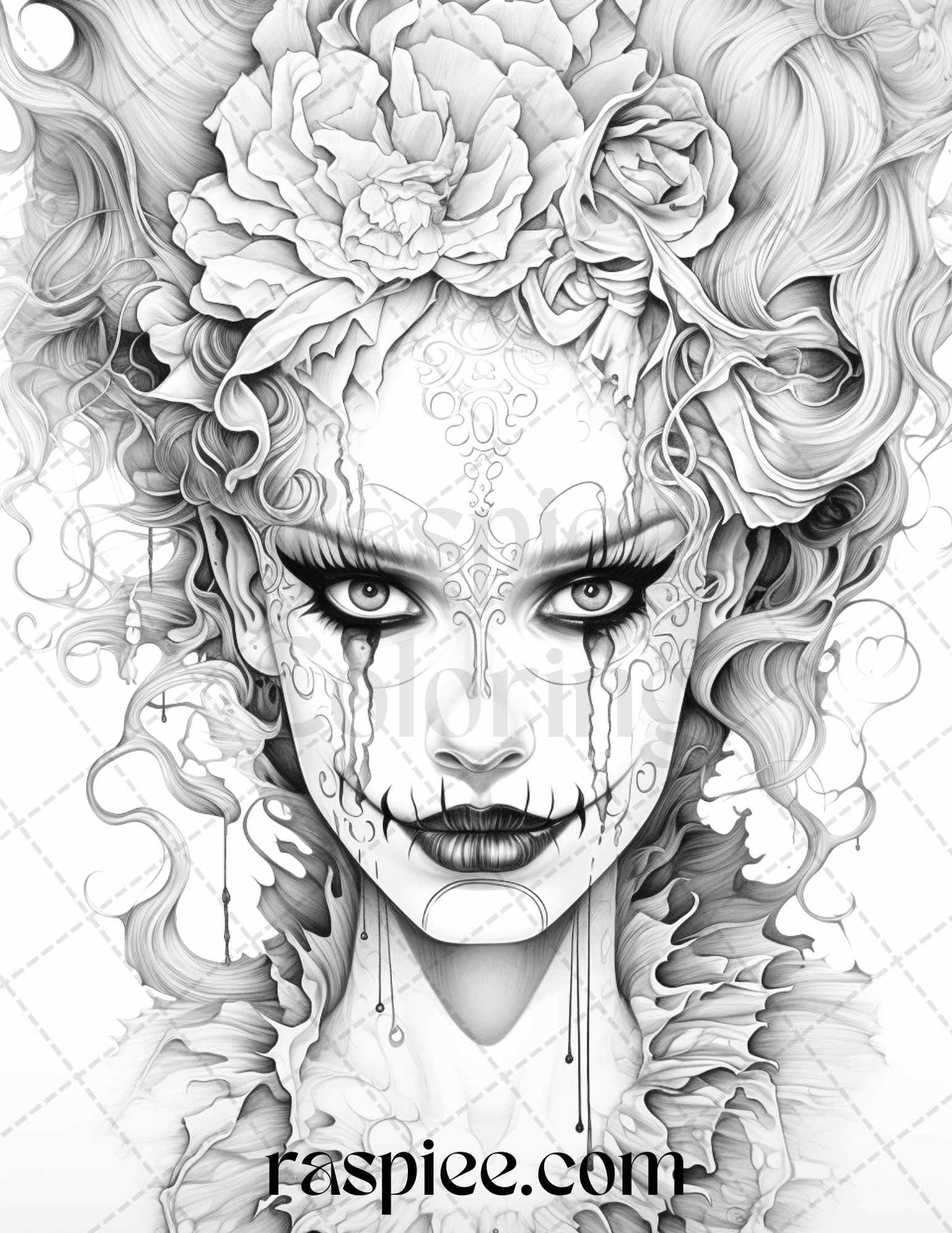 50 Scary Clown Girls Grayscale Coloring Pages Printable for Adults, PDF File Instant Download