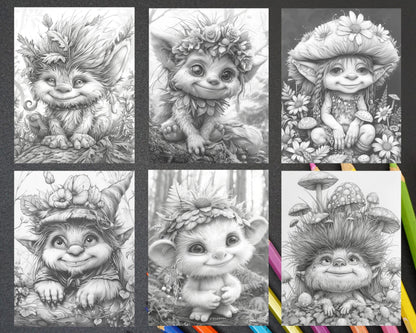 65 Fantasy Little Trolls Grayscale Adult Coloring Pages Printable PDF Instant Download