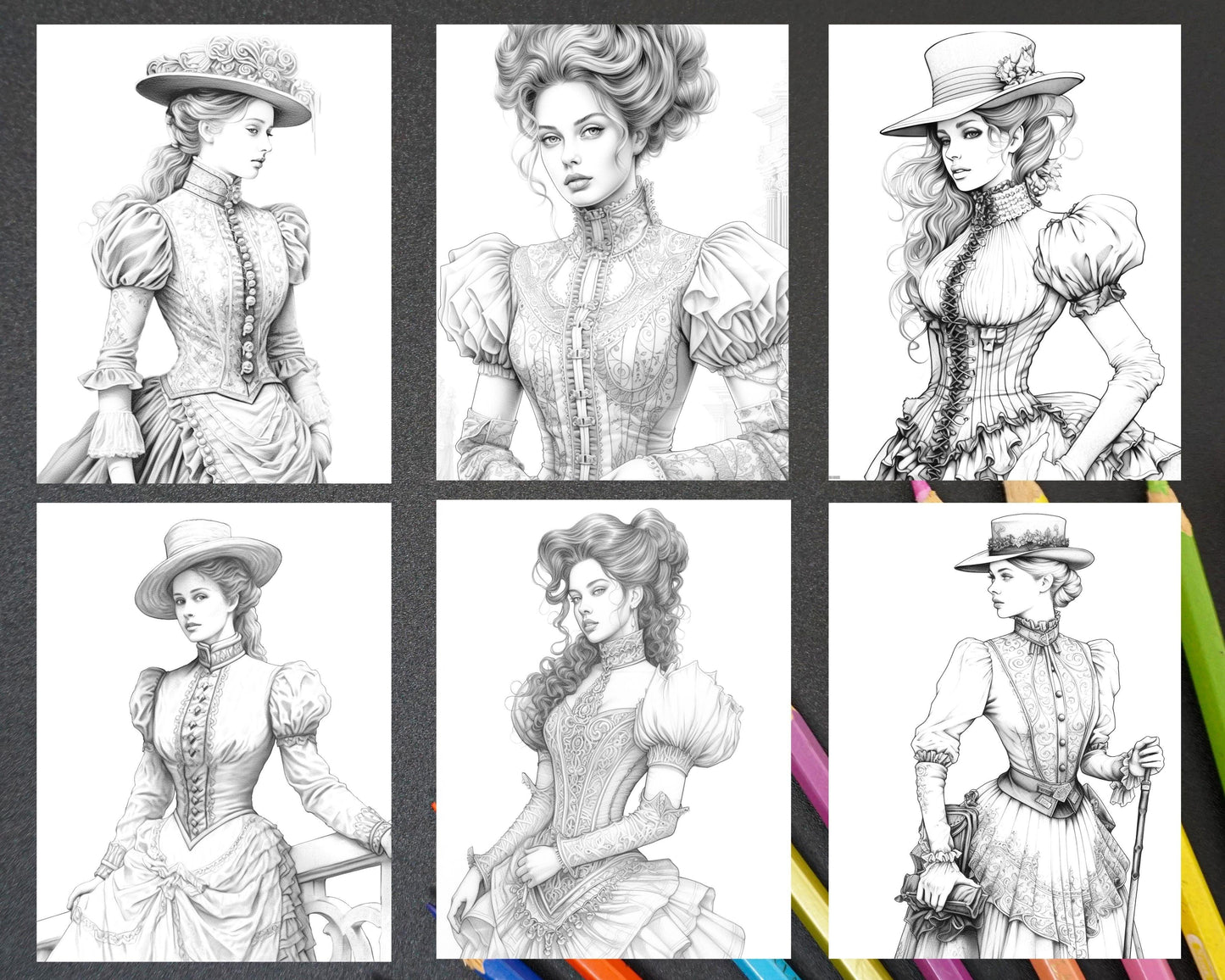 50 Victorian Fashion Grayscale Coloring Pages Printable for Adults, PDF File Instant Download