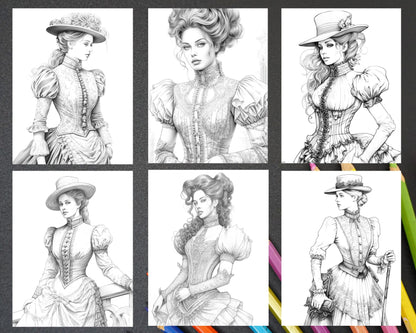 50 Victorian Fashion Grayscale Coloring Pages Printable for Adults, PDF File Instant Download