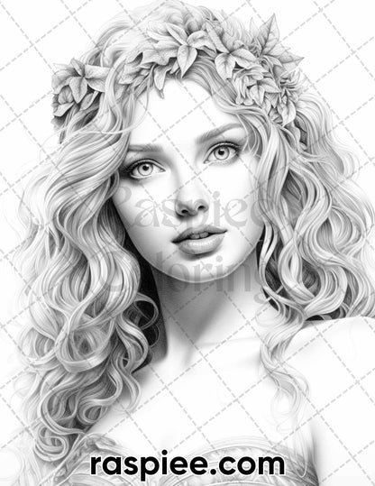 52 Mythology Gods Grayscale Coloring Pages for Adults, Printable PDF Instant Download