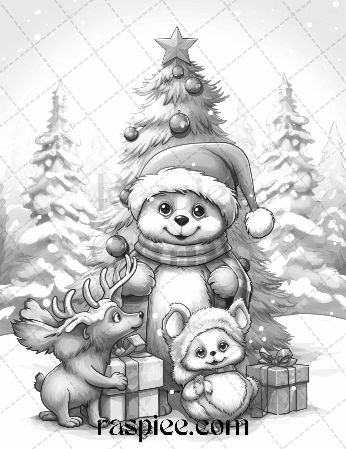 70 Christmas Critters Grayscale Coloring Pages Printable for Adults and Kids, PDF File Instant Download