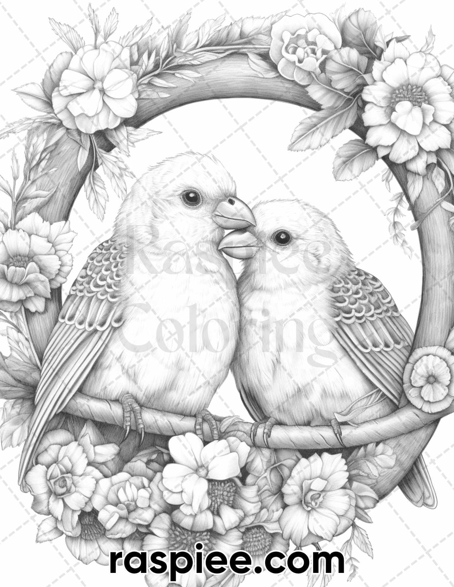 50 Lovebird Couple with Flowers Grayscale Coloring Pages for Adults, Printable PDF Instant Download