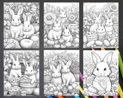 50 Rabbit Garden Grayscale Coloring Pages Printable for Adults, PDF File Instant Download