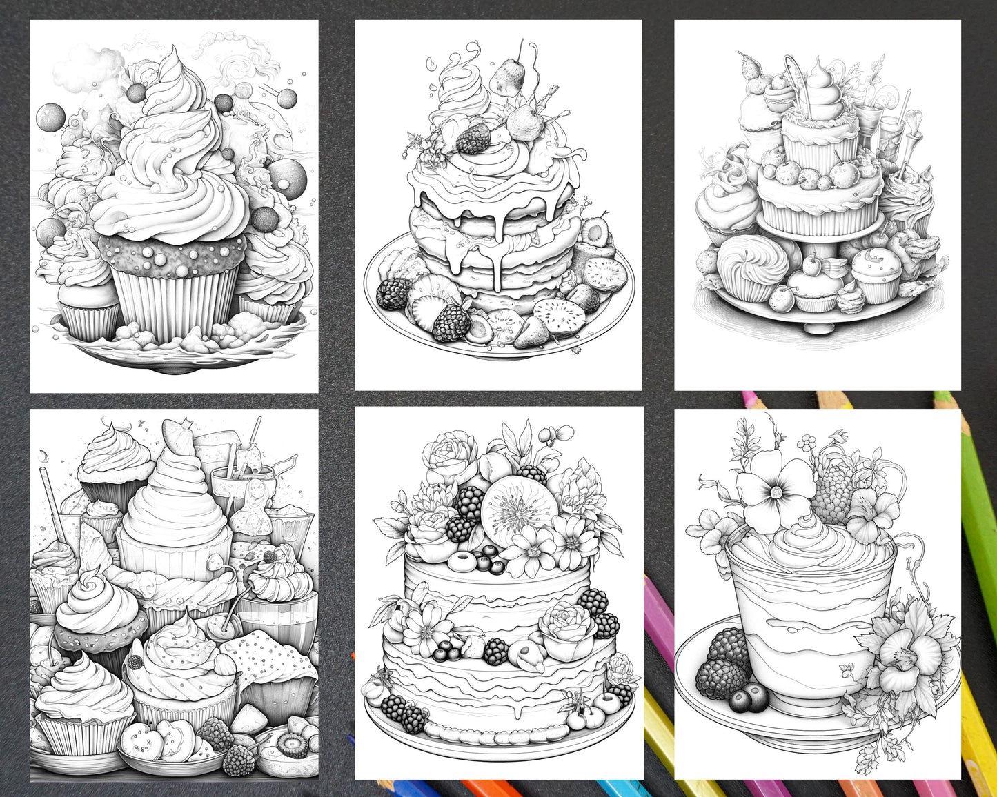 36 Sweet Desserts Coloring Pages Printable for Adults, Grayscale Coloring Page, PDF File Instant Download