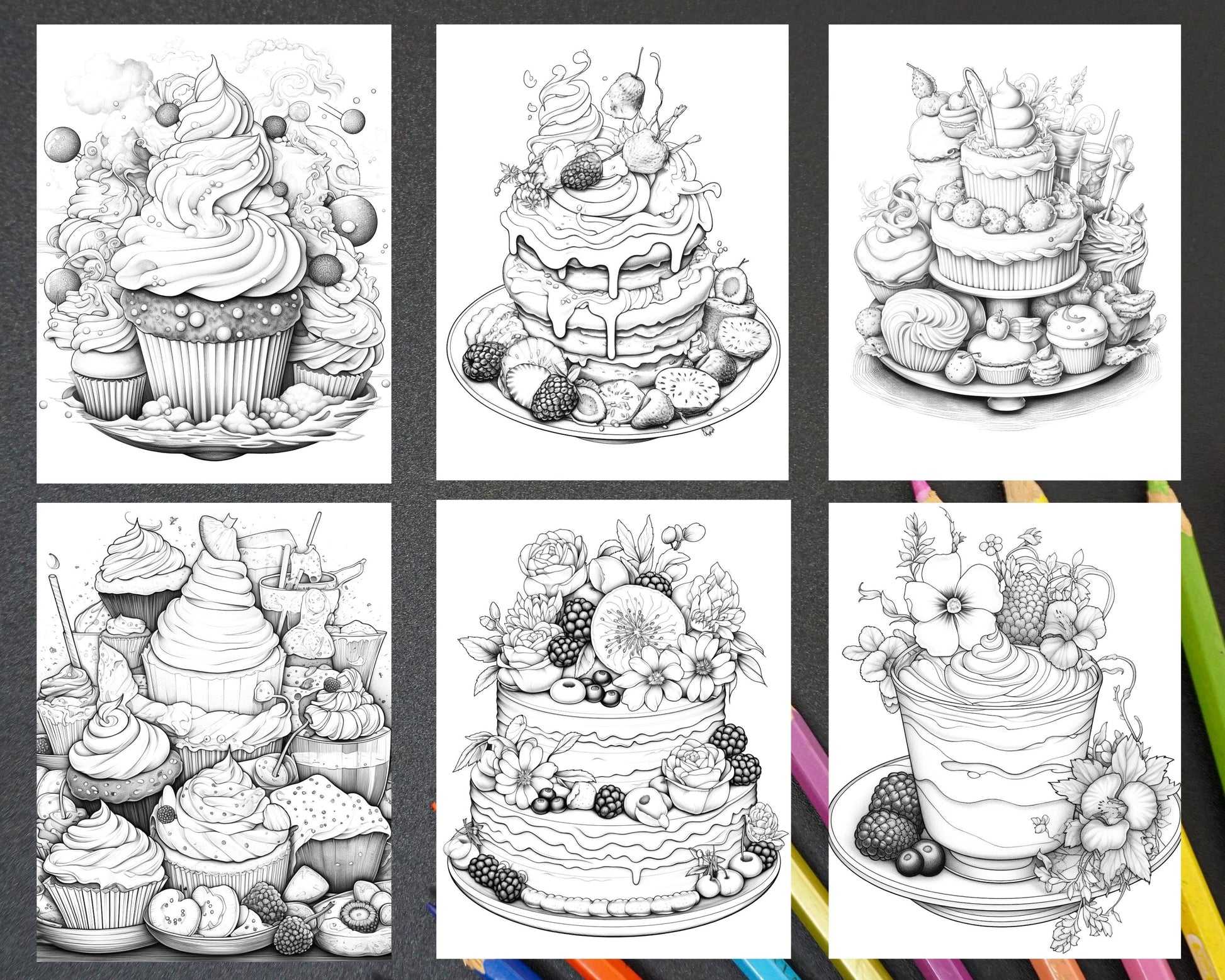 36 Sweet Desserts Coloring Pages Printable for Adults, Grayscale Coloring Page, PDF File Instant Download