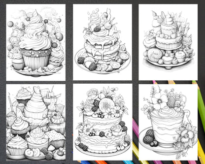 36 Sweet Desserts Coloring Pages Printable for Adults, Grayscale Coloring Page, PDF File Instant Download