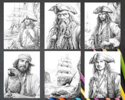 60 Pirate Life Grayscale Coloring Pages Printable for Adults, Stress Relief Coloring, PDF File Instant Download