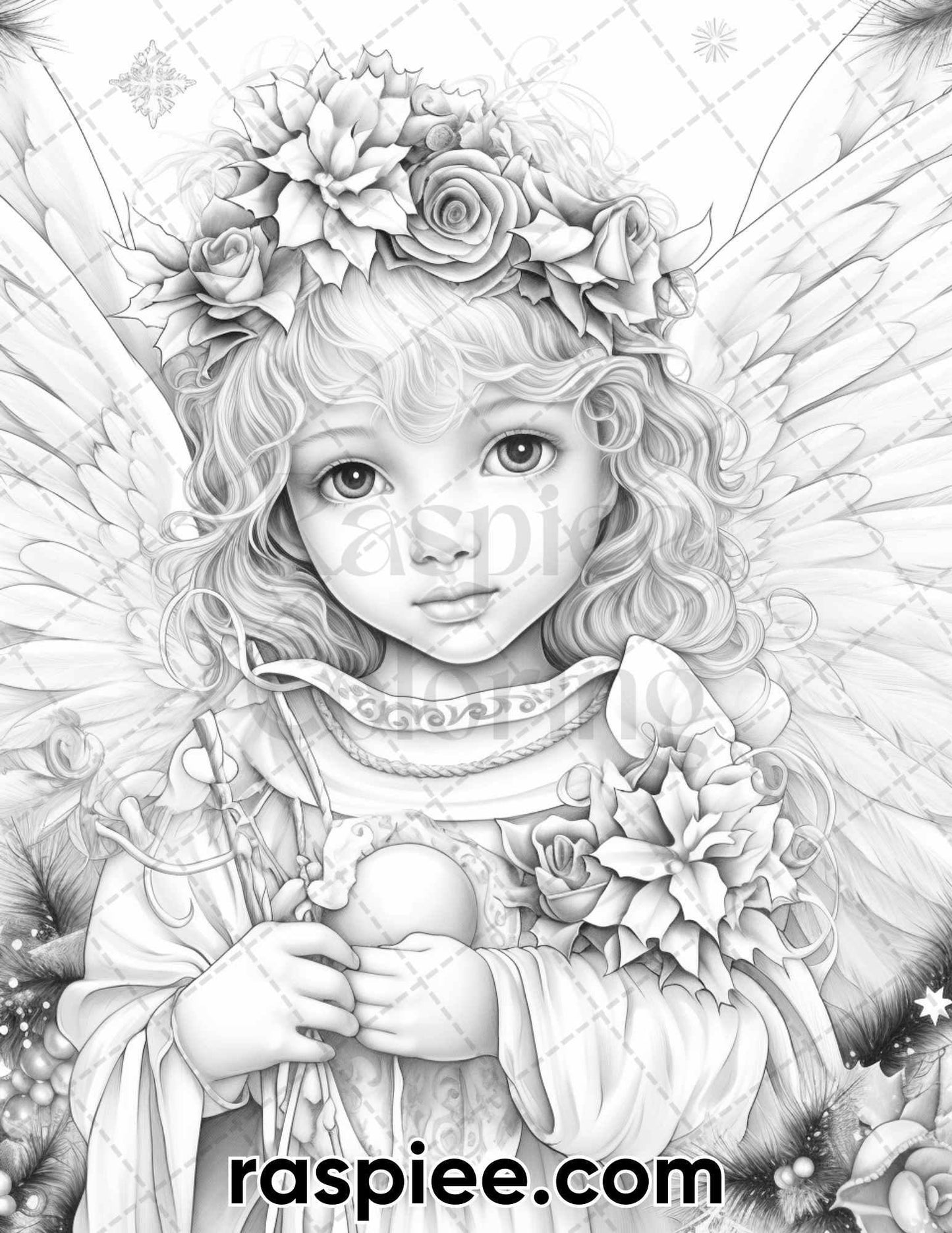 55 Christmas Angel Grayscale Coloring Pages for Adults, Printable PDF Instant Download