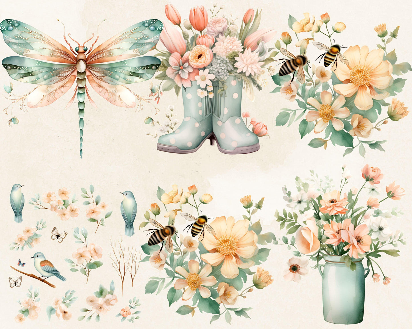Happy Spring Watercolor Clipart Bundle, 24 PNG High-Res Files for Commercial Use