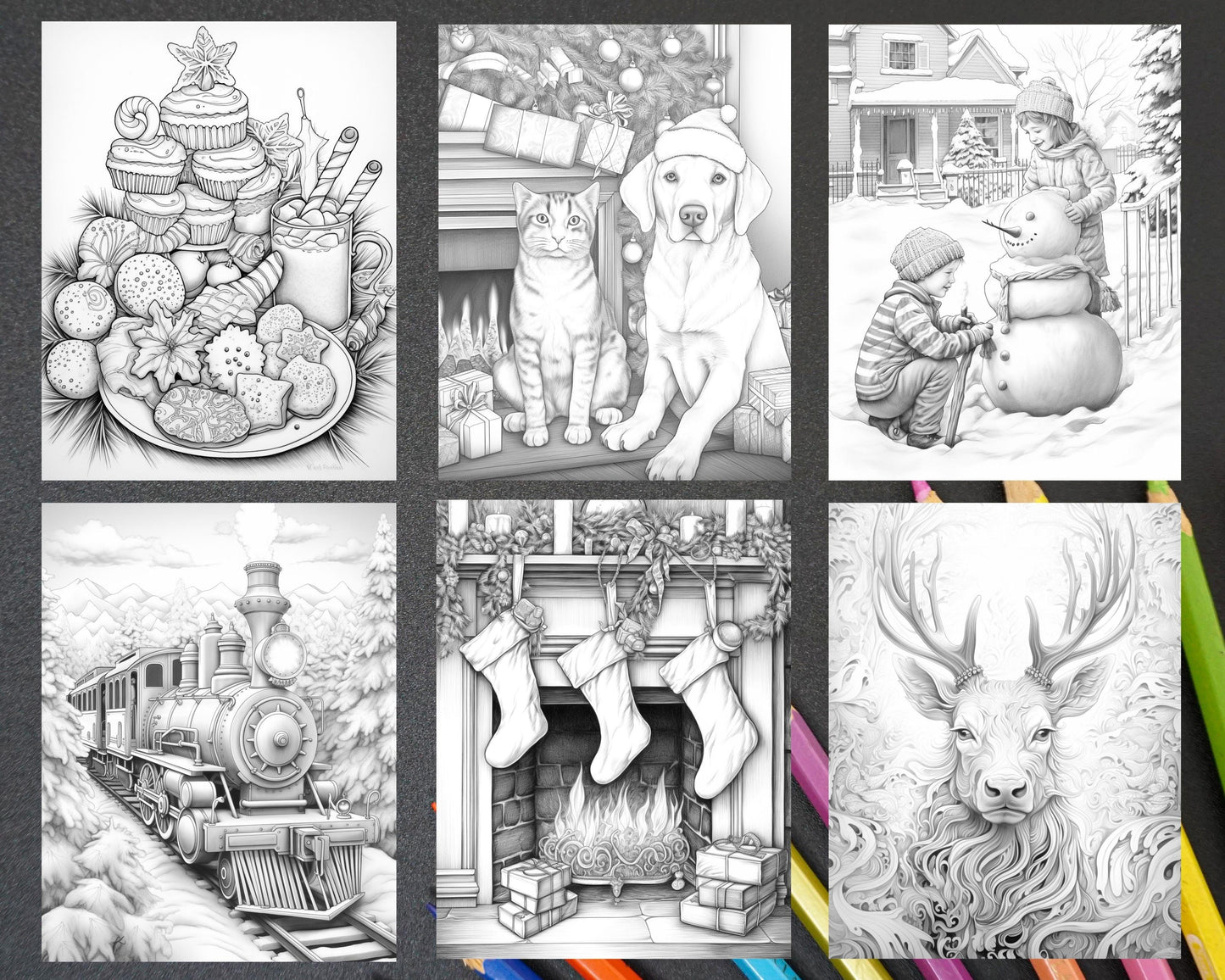 60 Merry Christmas Grayscale Coloring Pages Printable for Adult, Holiday Relaxation Art, PDF File Instant Download