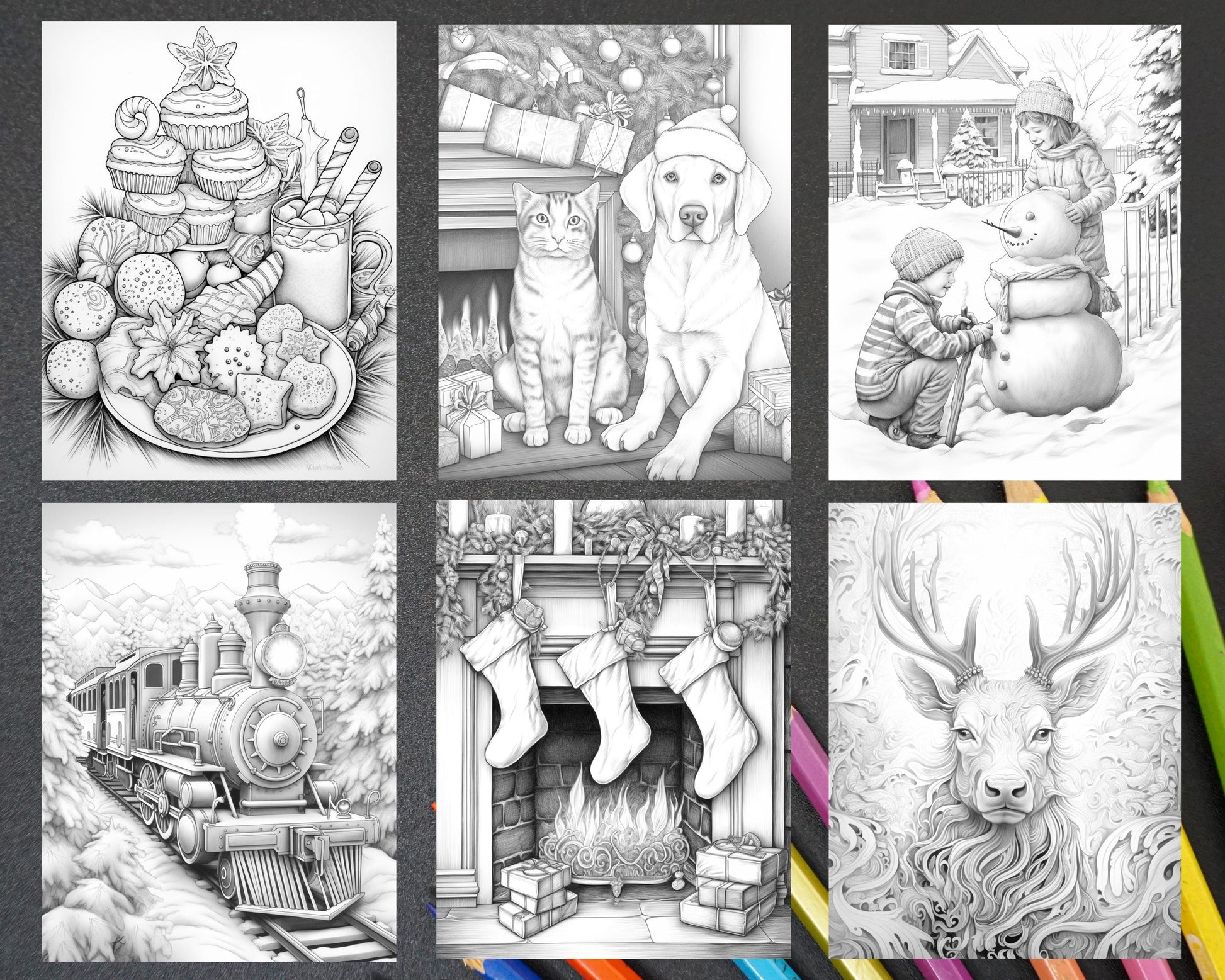60 Merry Christmas Grayscale Coloring Pages Printable for Adult, Holiday Relaxation Art, PDF File Instant Download